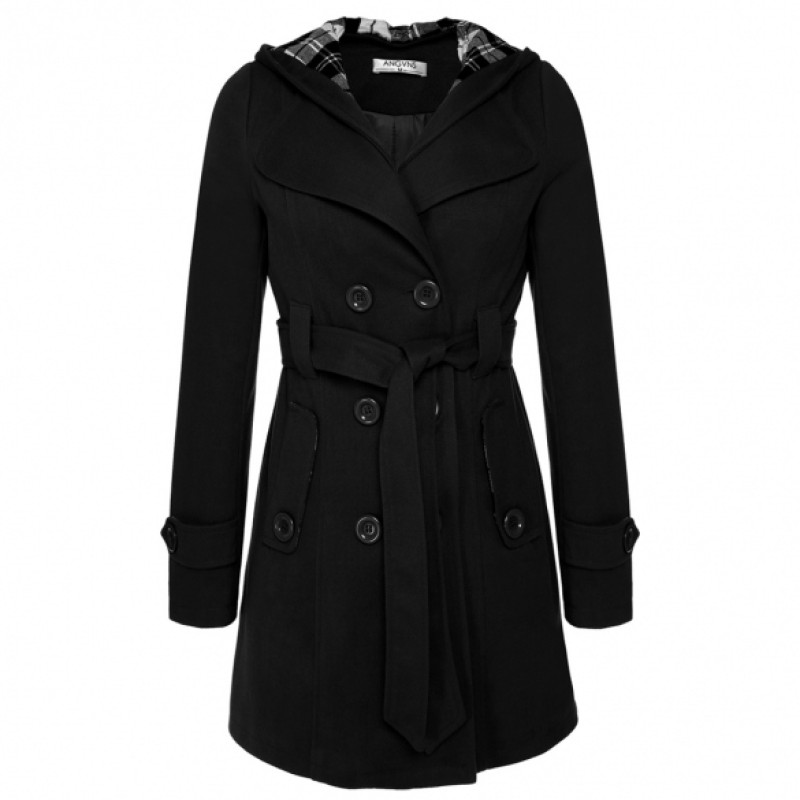 on clearance ANGVNS Stylish Women's Double Breasted Hooded Fleece Belted Jacket Coat