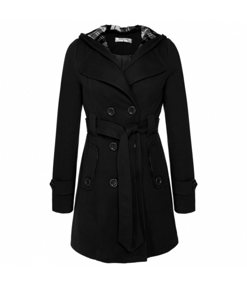 on clearance ANGVNS Stylish Women's Double Breasted Hooded Fleece Belted Jacket Coat