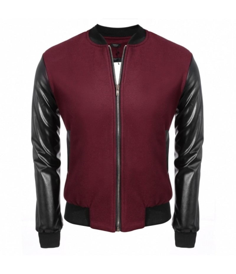 COOFANDY MenSynthetic Leather Patchwork Zipper Closure Casual Outwear Wool Blend Baseball Jacket