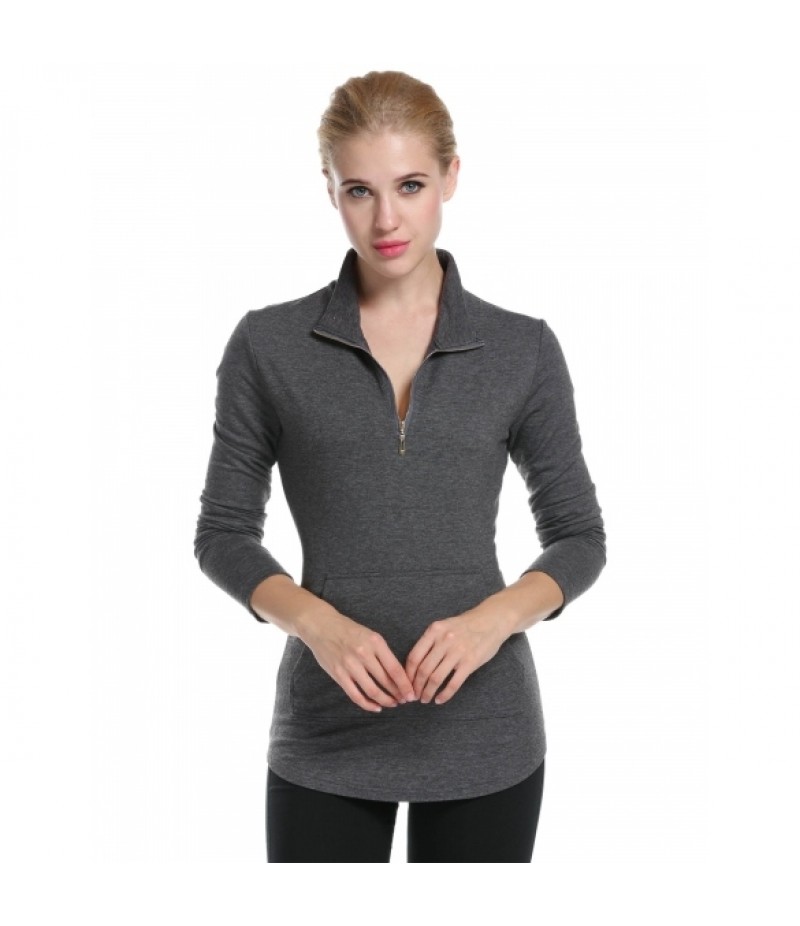 Women's Long Sleeve Solid Slim Half Zip Pocket Casual Blouse Tops