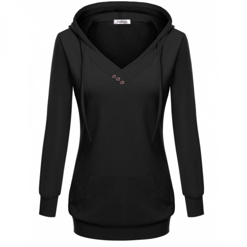 Women's Long Sleeve V Neck Hooded Solid Pullover Pocket Sweatshirt Hoodie