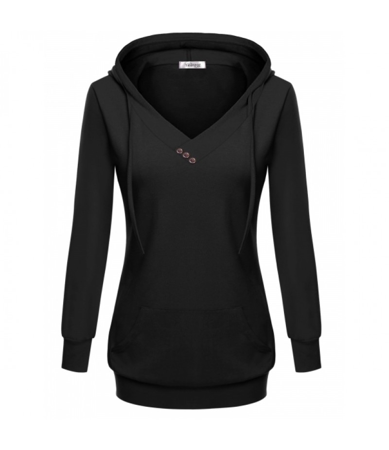 Women's Long Sleeve V Neck Hooded Solid Pullover Pocket Sweatshirt Hoodie