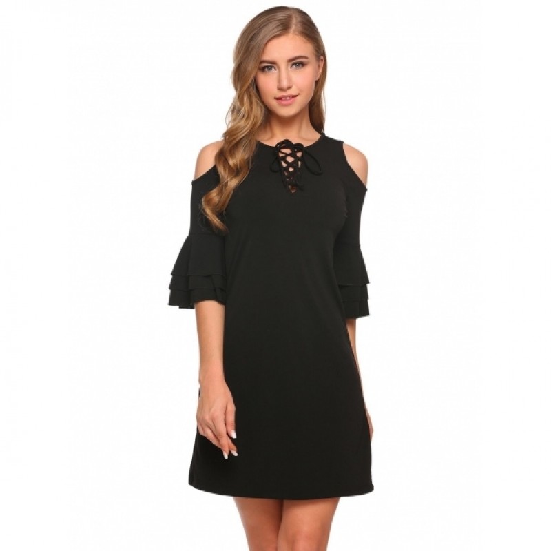 Cold Shoulder Lace Up Front Ruffle Sleeve Dress