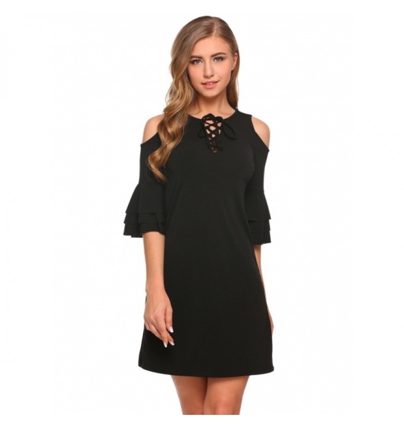 Cold Shoulder Lace Up Front Ruffle Sleeve Dress