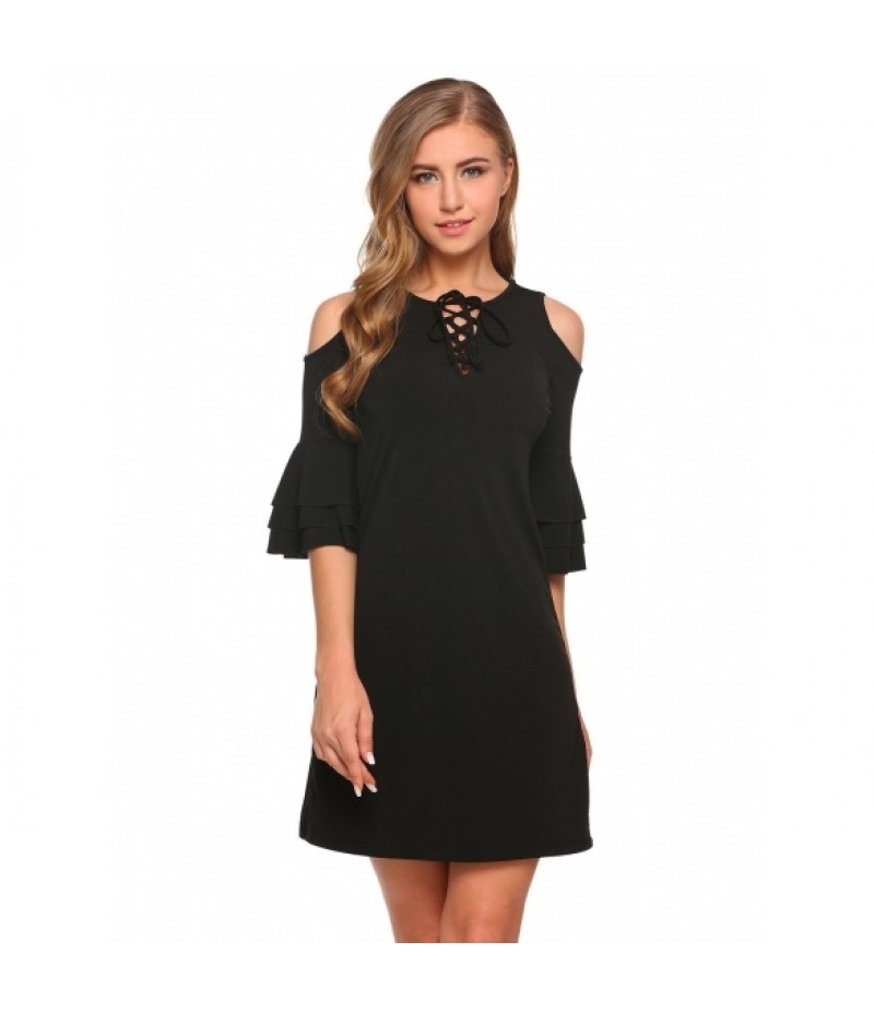 Cold Shoulder Lace Up Front Ruffle Sleeve Dress