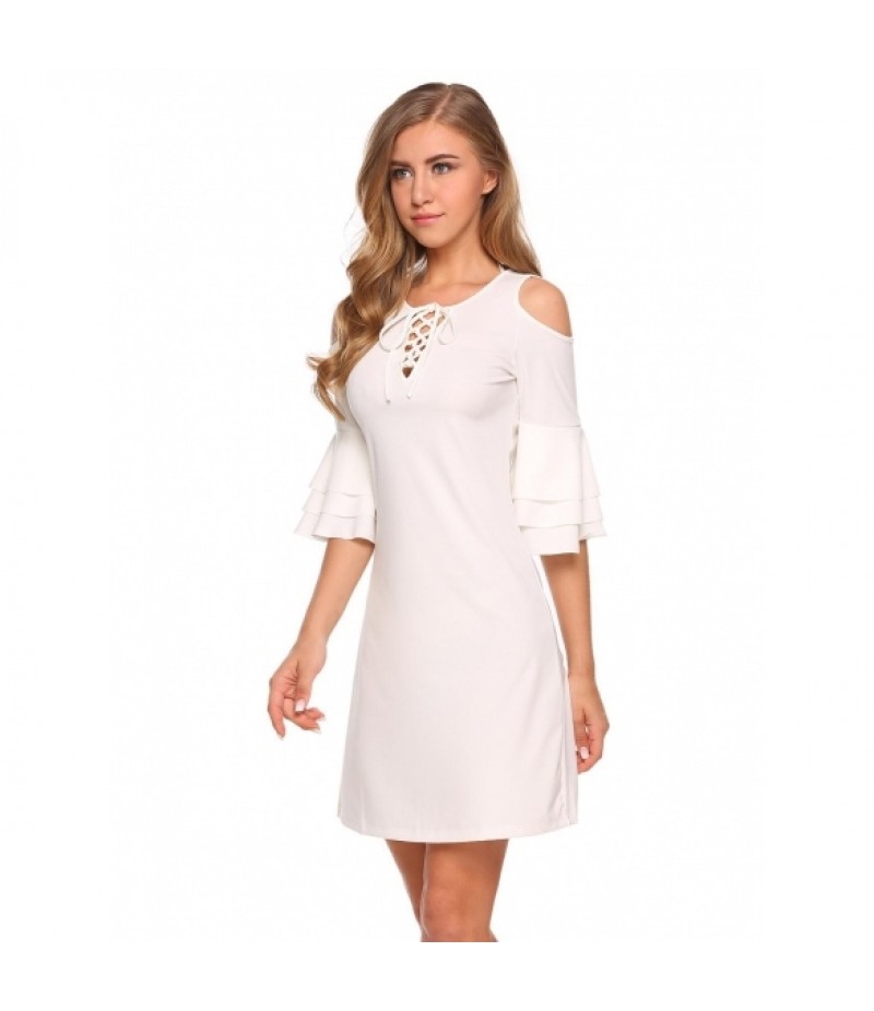 Cold Shoulder Lace Up Front Ruffle Sleeve Dress