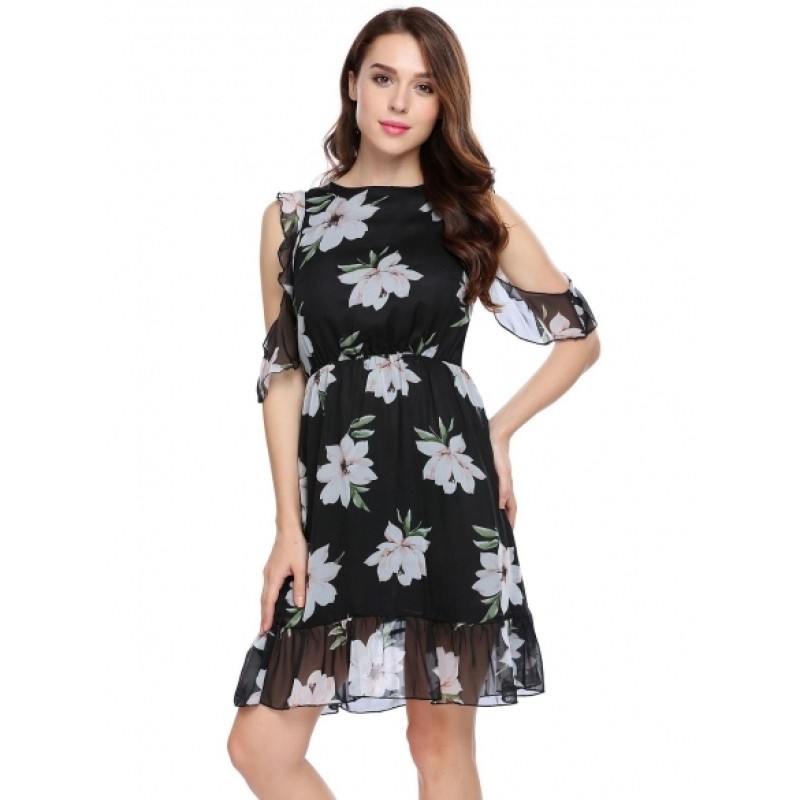 Cold Shoulder Ruffle Sleeve Flora Chiffon Dress