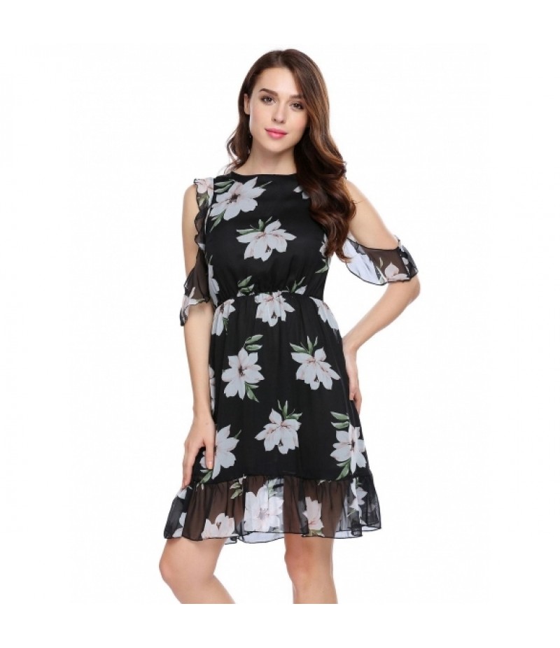 Cold Shoulder Ruffle Sleeve Flora Chiffon Dress