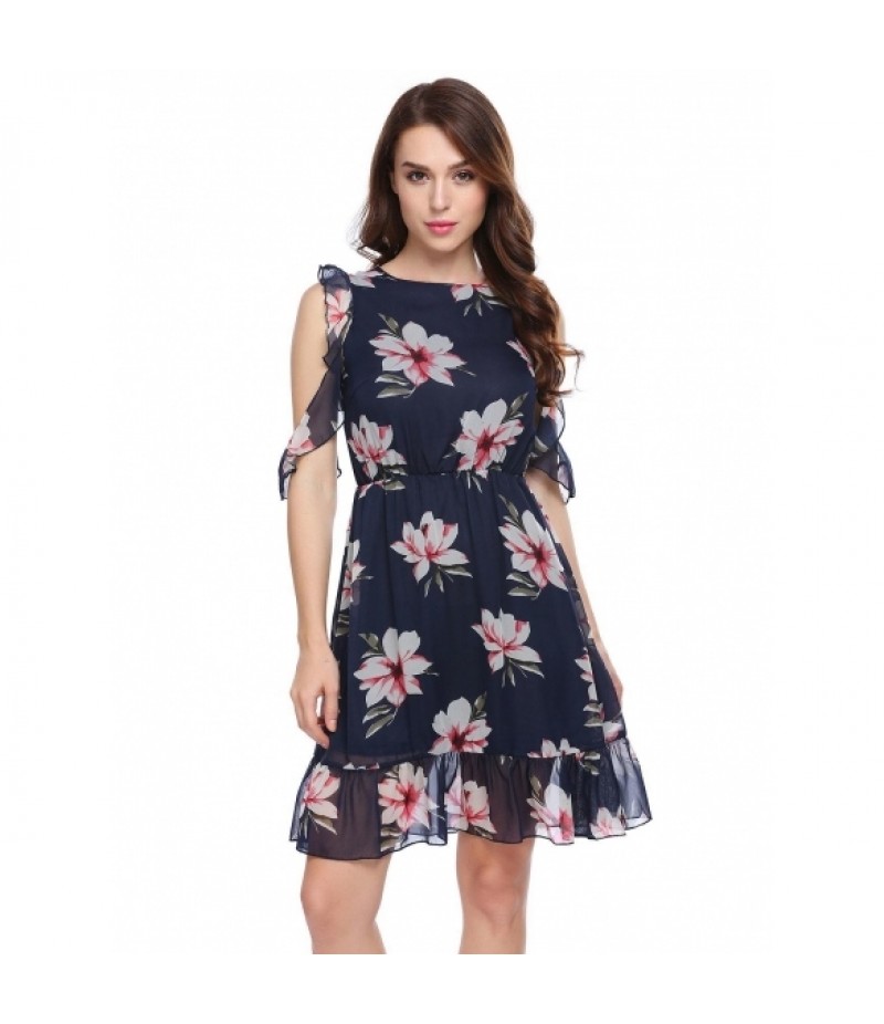 Cold Shoulder Ruffle Sleeve Flora Chiffon Dress