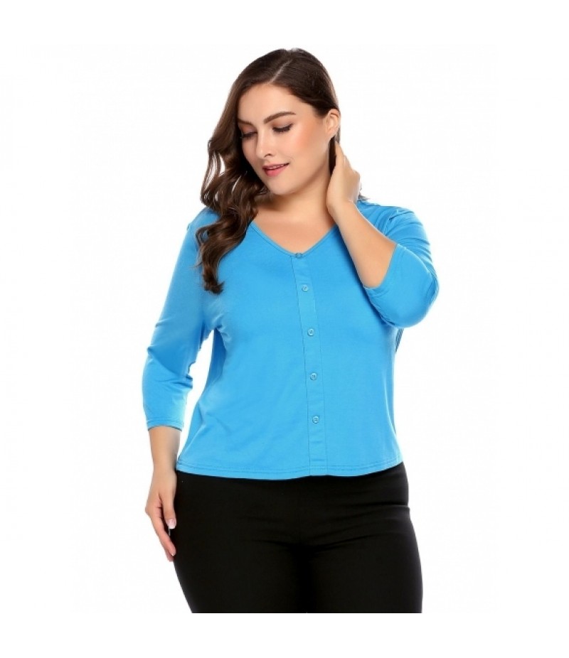 Solid Plus Sizes V-Neck 3/4 Sleeve Button Front Tops