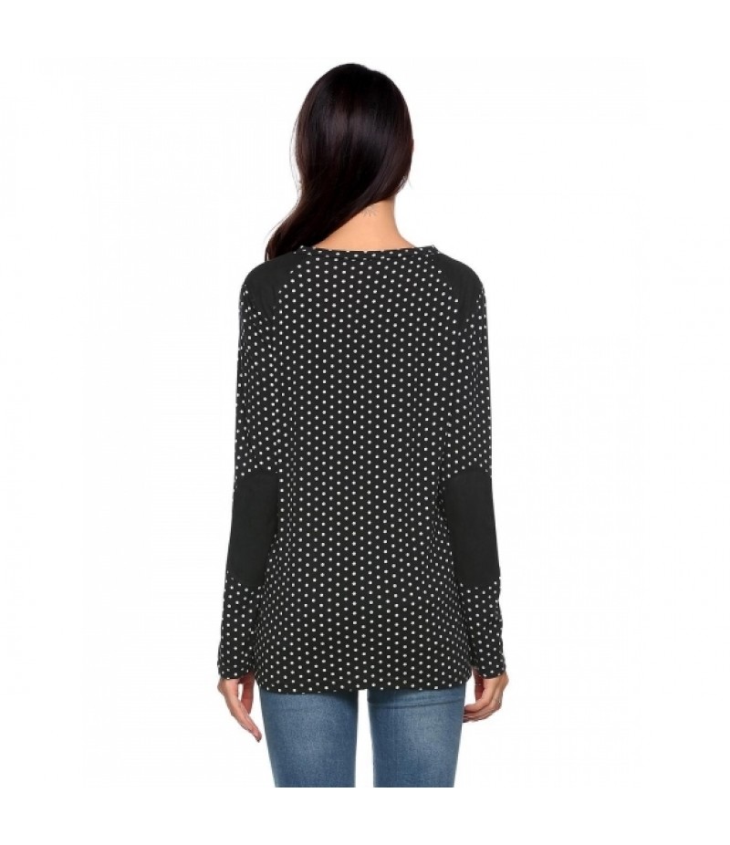 Long Sleeve O Neck Suede Patchwork Dot Loose Pullover Top