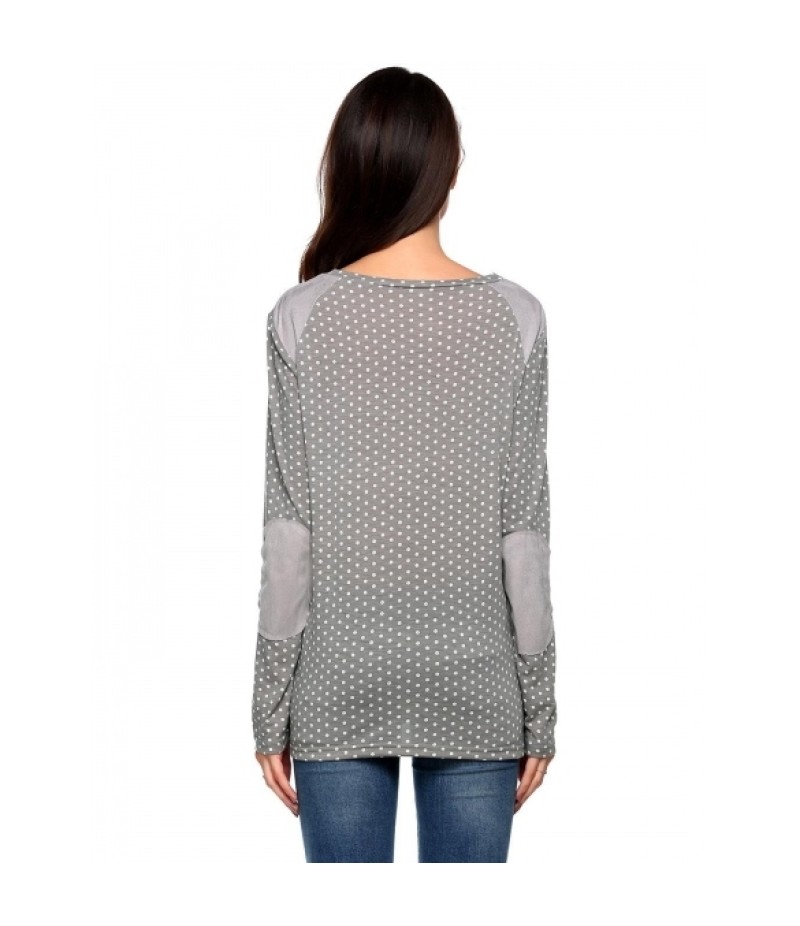 Long Sleeve O Neck Suede Patchwork Dot Loose Pullover Top