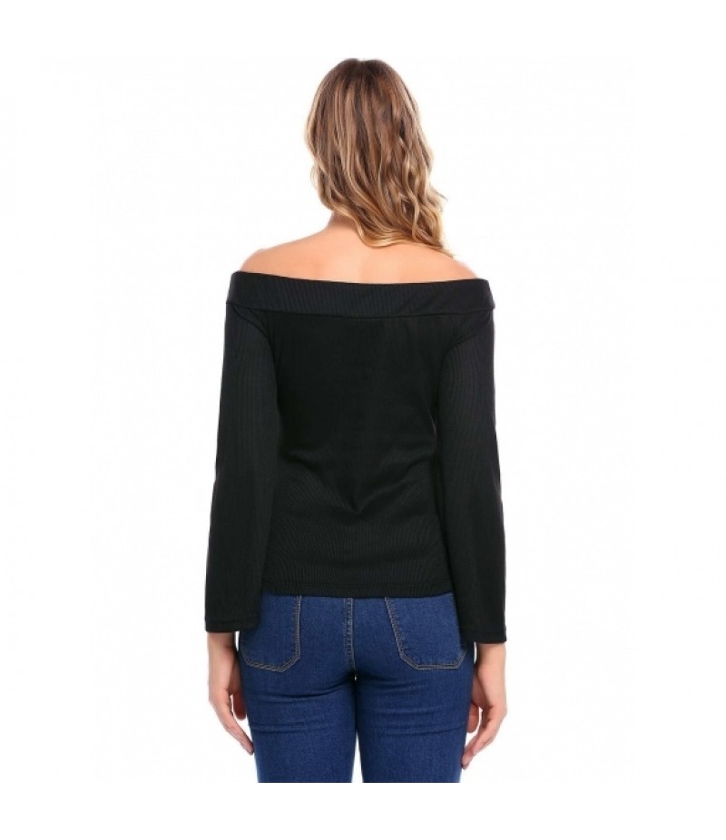 Women Casual Slash Neck Off the Shoulder Flare Sleeve Knitted Solid Charming Blouse Sweater