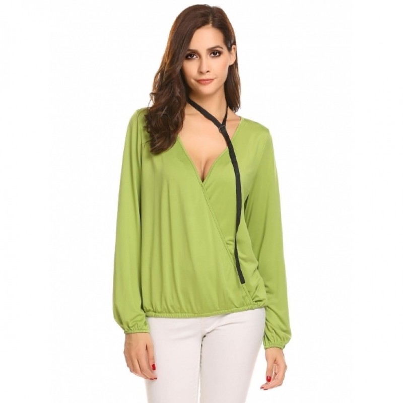 Women V-Neck Cross Front Long Sleeve Faux Wrap Pullover Blouse