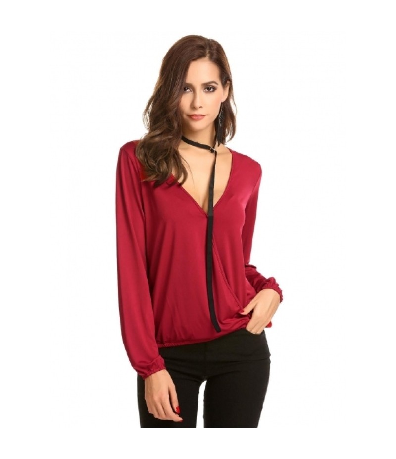 Women V-Neck Cross Front Long Sleeve Faux Wrap Pullover Blouse