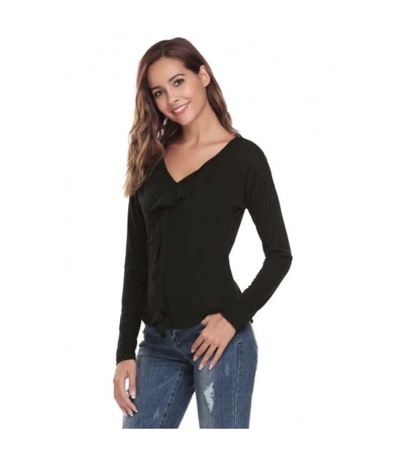 V-Neck Long Sleeve Solid Ruffle Tops