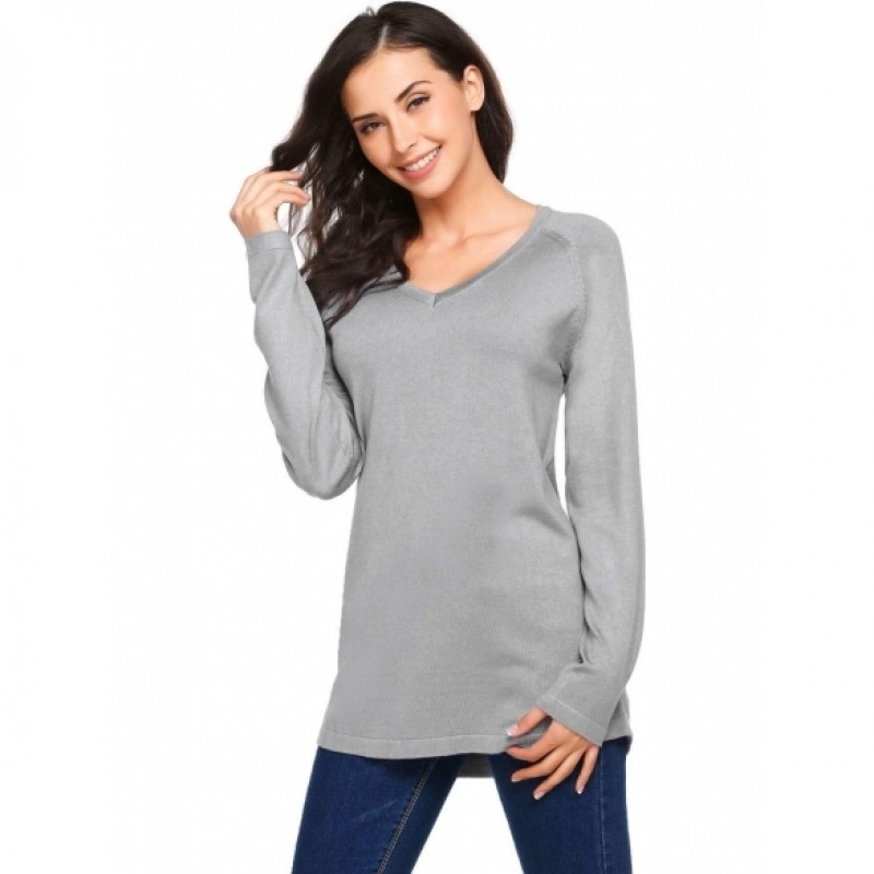 Long Sleeve V Neck Solid Knit Pullover Sweaters