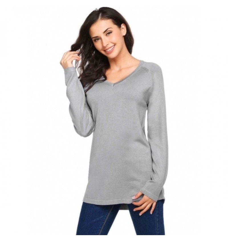 Long Sleeve V Neck Solid Knit Pullover Sweaters