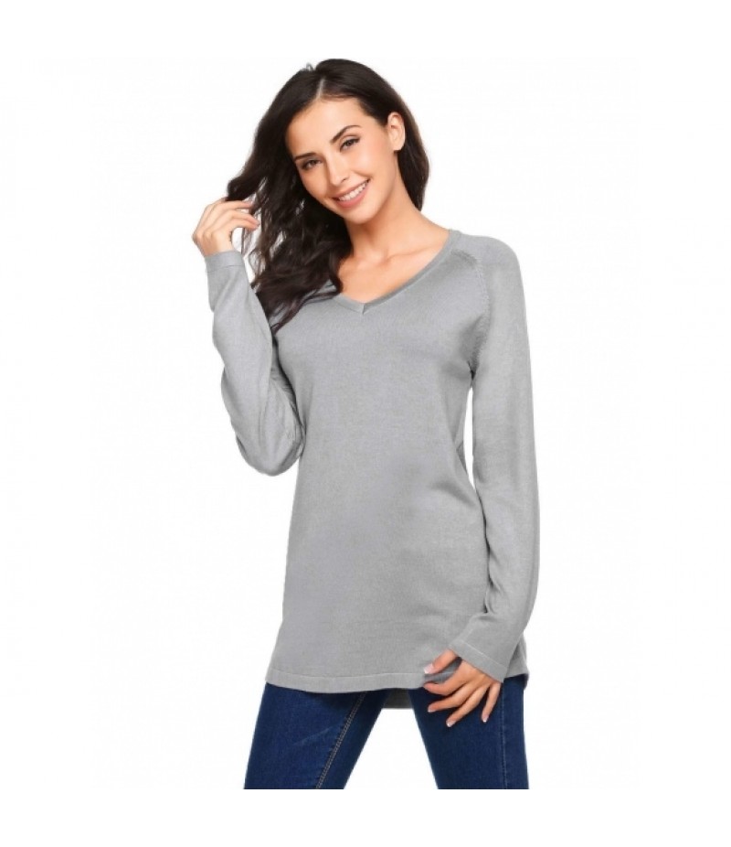 Long Sleeve V Neck Solid Knit Pullover Sweaters