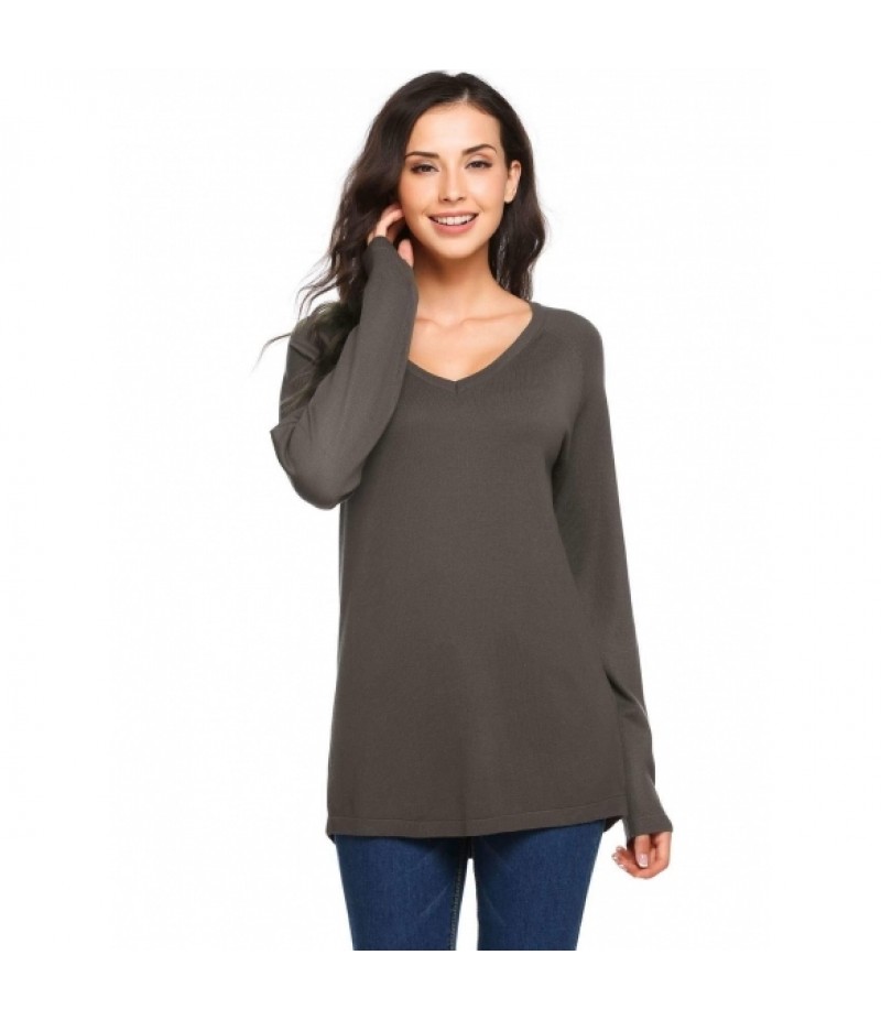 Long Sleeve V Neck Solid Knit Pullover Sweaters