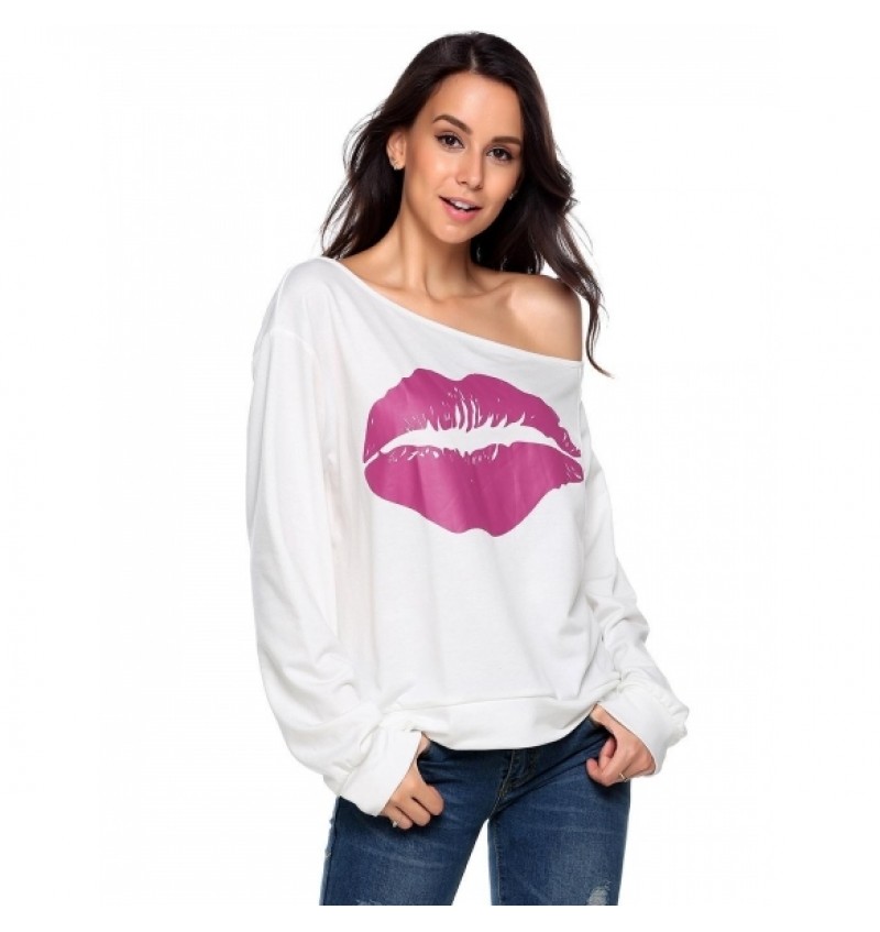 One Shoulder Long Sleeve Print Loose Sweatshirt