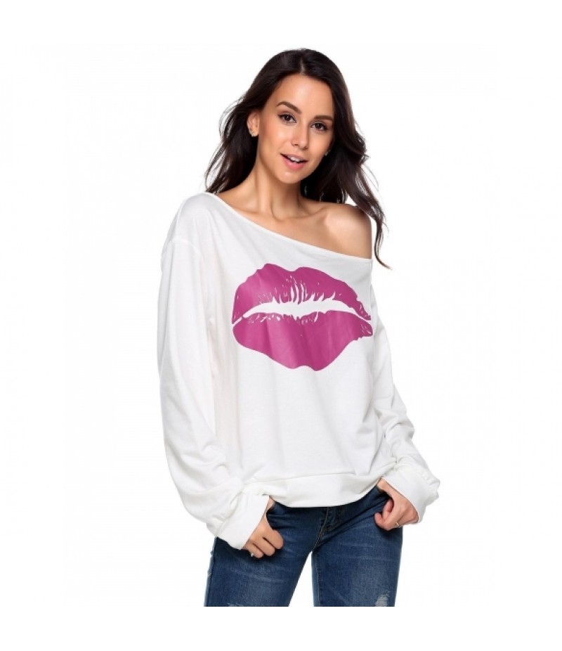 One Shoulder Long Sleeve Print Loose Sweatshirt