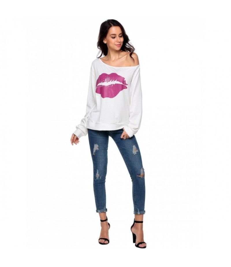 One Shoulder Long Sleeve Print Loose Sweatshirt