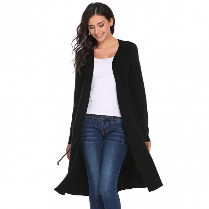 Solid Drawstring Open Front Knit Long Sleeve Cardigan