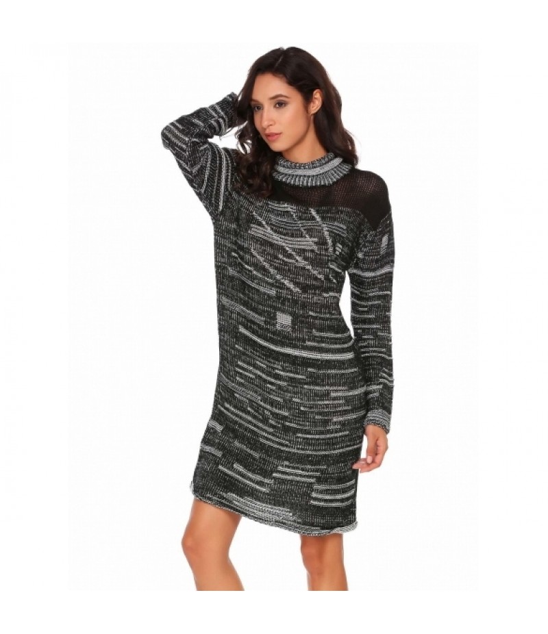 Women Casual Turtle Neck Long Sleeve Prints Knit Loose Pullover Sweater Dress