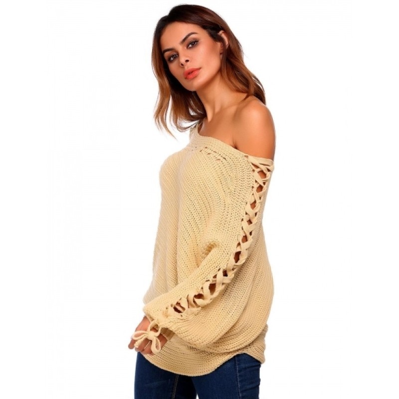 Slash Neck Long Bat Sleeve Solid Sweater