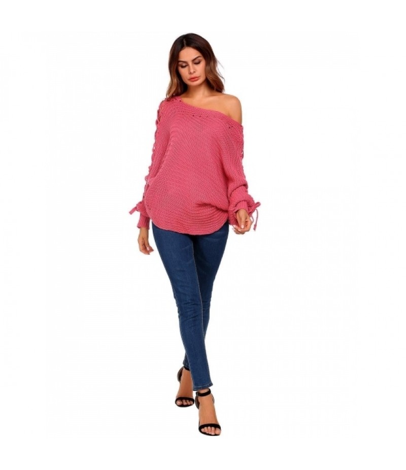 Slash Neck Long Bat Sleeve Solid Sweater