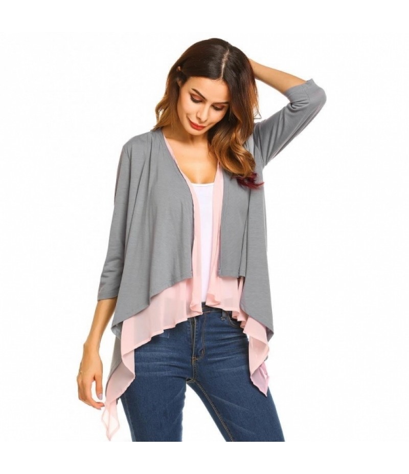 3/4 Sleeve Open Front Chiffon Patchwork Waterfall Draped Jacket