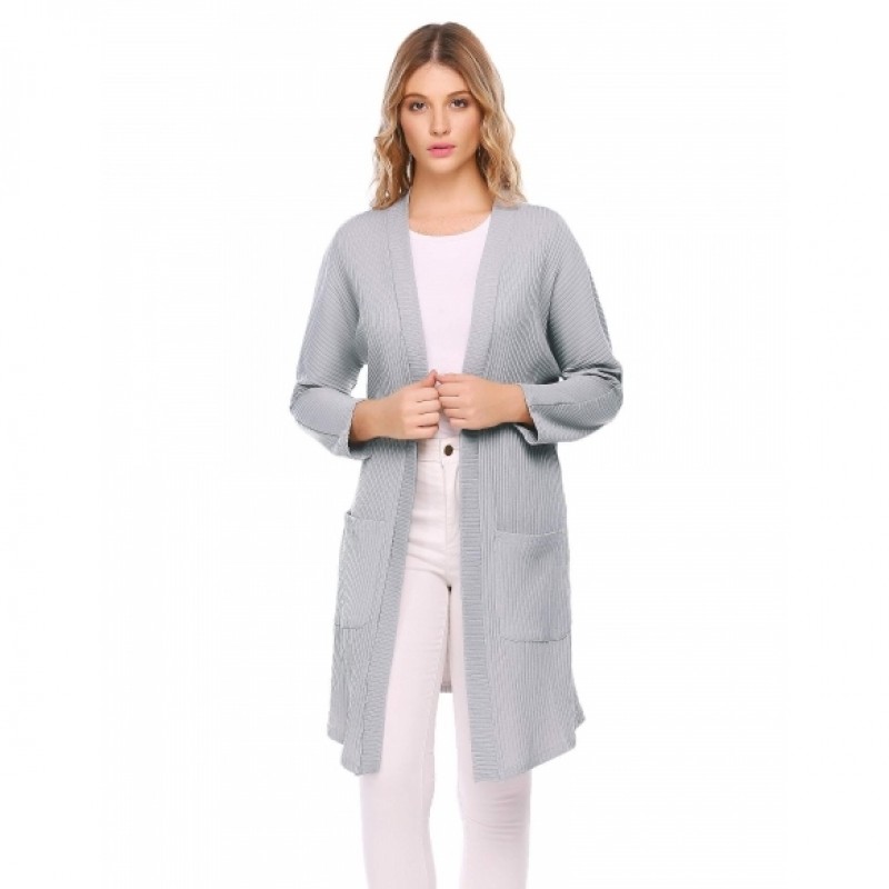 Raglan Long Sleeve Knitted Solid Drape Open Casual Long Cardigan with Pocket