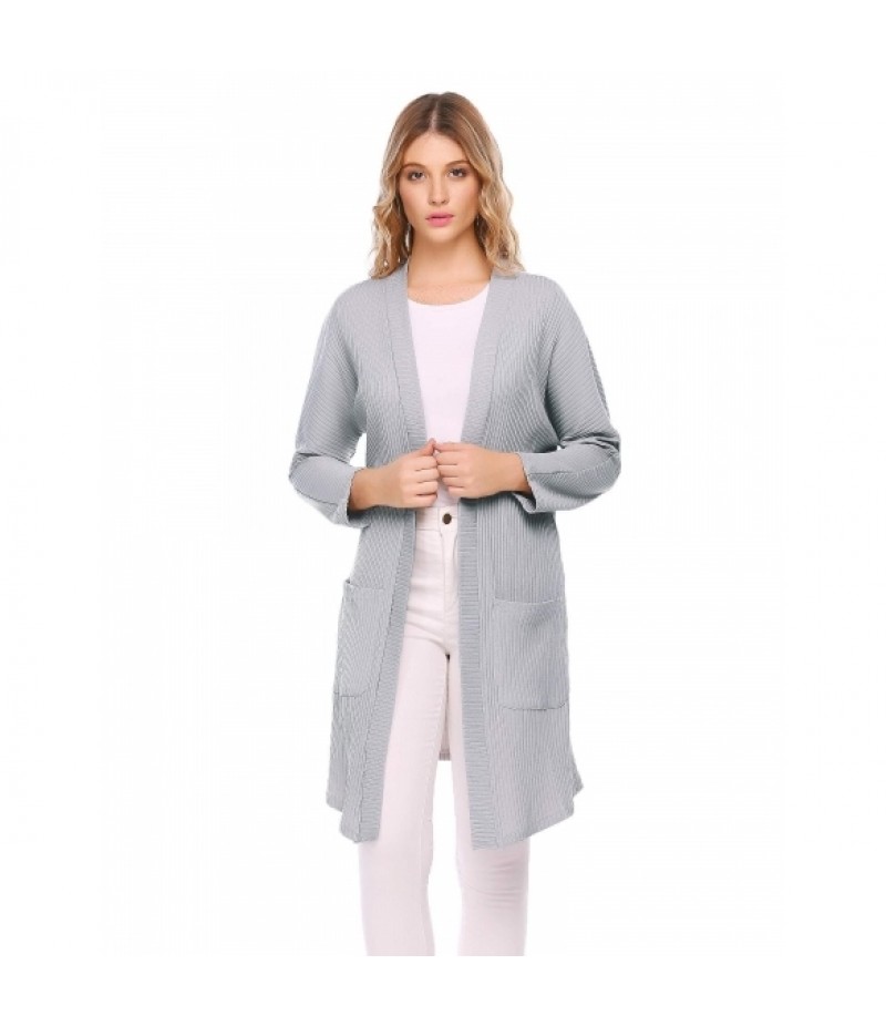 Raglan Long Sleeve Knitted Solid Drape Open Casual Long Cardigan with Pocket