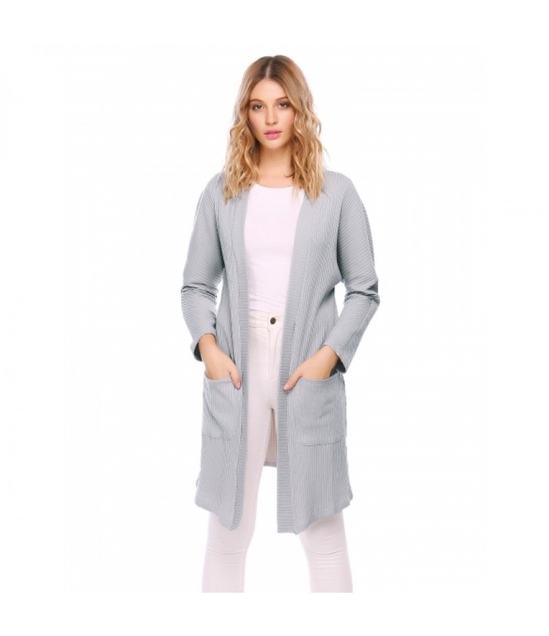 Raglan Long Sleeve Knitted Solid Drape Open Casual Long Cardigan with Pocket