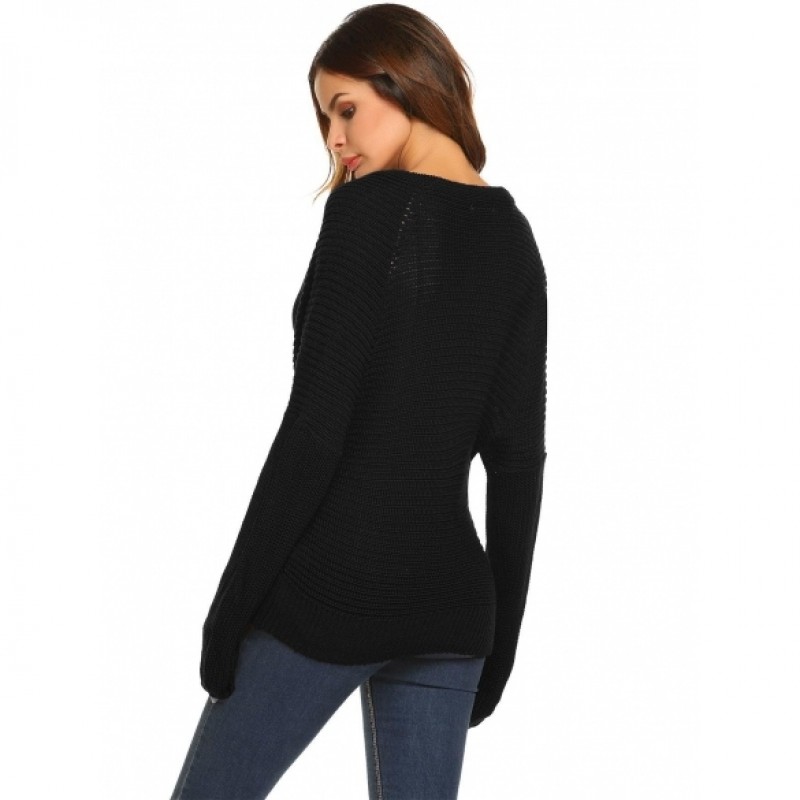 Women Casual Long Sleeve V-Neck Cable Knit Pullover Sweater