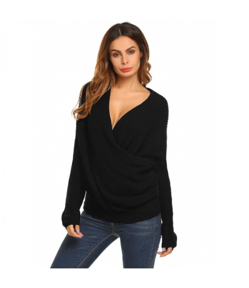 Women Casual Long Sleeve V-Neck Cable Knit Pullover Sweater