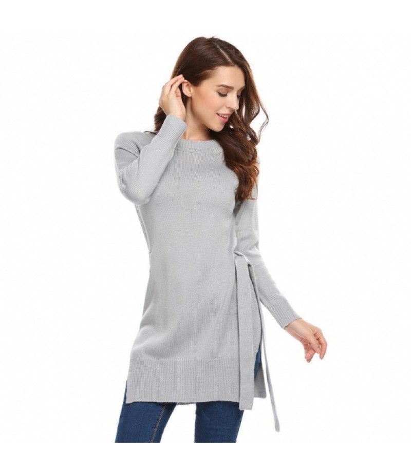 Solid Waist Bow Belt Split Hem Knit Long Sleeve Sweater