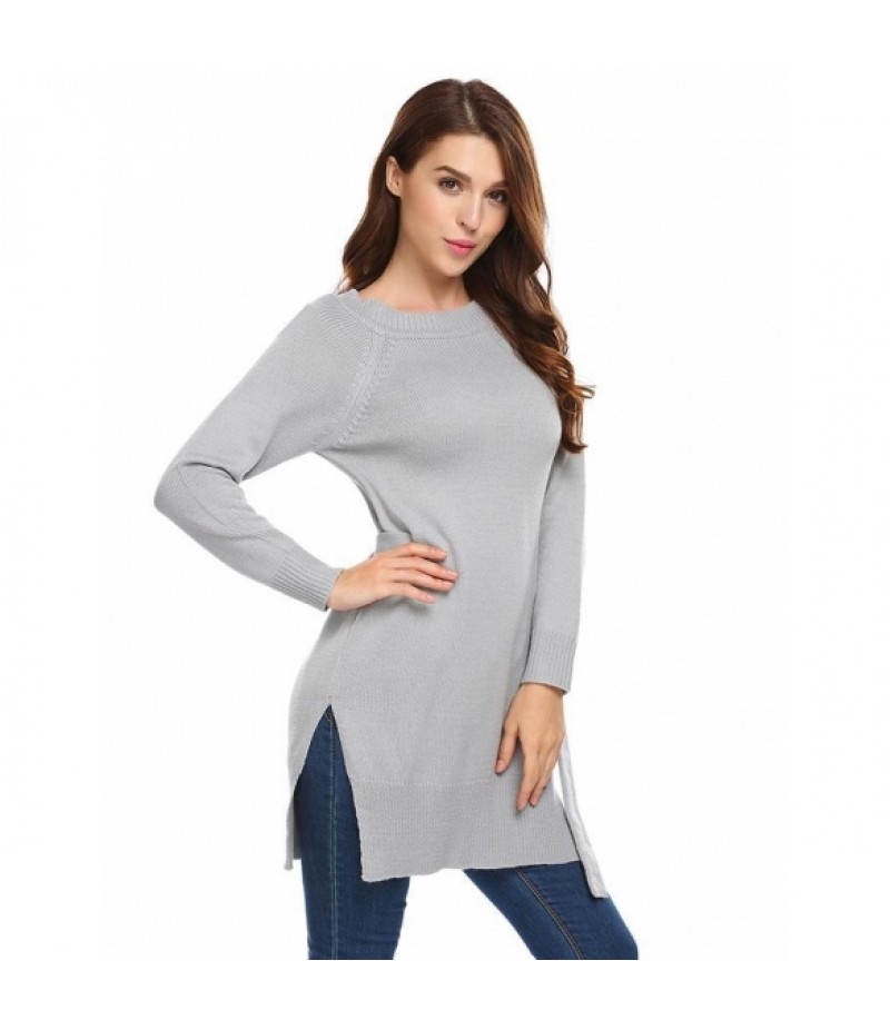 Solid Waist Bow Belt Split Hem Knit Long Sleeve Sweater