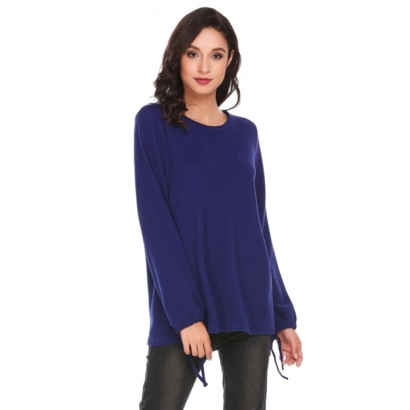 O Neck Solid Loose Fit Lantern Sleeve Casual Top