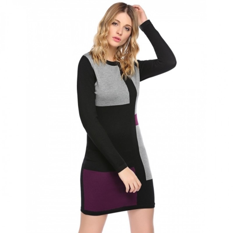 Women Casual O-Neck Long Sleeve Patchwork Slim Bodycon Pencil Sweater Dress