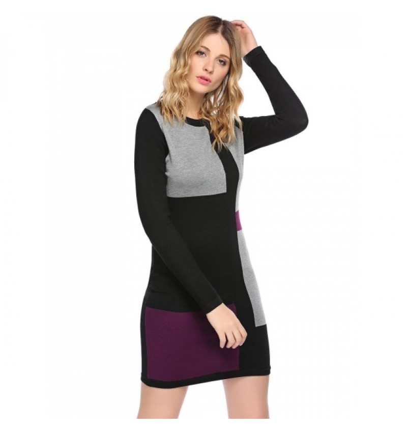 Women Casual O-Neck Long Sleeve Patchwork Slim Bodycon Pencil Sweater Dress