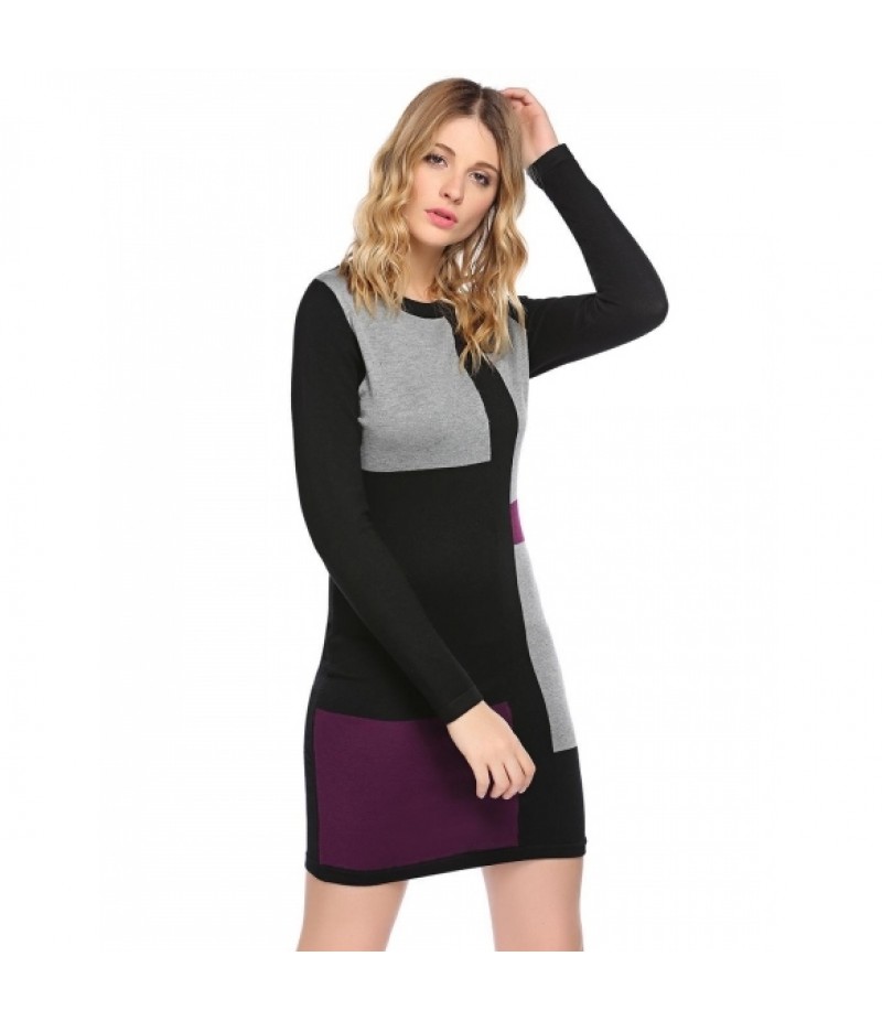 Women Casual O-Neck Long Sleeve Patchwork Slim Bodycon Pencil Sweater Dress