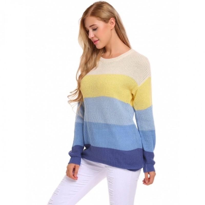 O-Neck Long Sleeve Striped Loose Knit Sweater