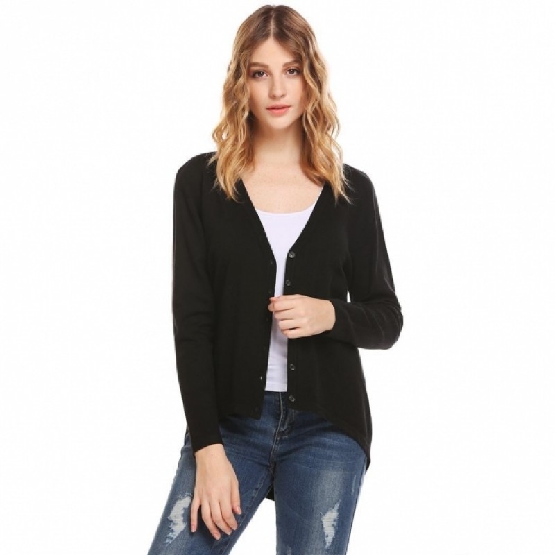 Women Casual V-Neck Long Sleeve Solid Button Asymmetrical Hem Charming Cardigan Sweater