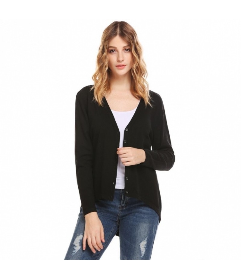 Women Casual V-Neck Long Sleeve Solid Button Asymmetrical Hem Charming Cardigan Sweater