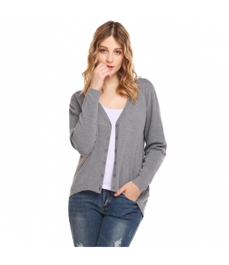 Women Casual V-Neck Long Sleeve Solid Button Asymmetrical Hem Charming Cardigan Sweater