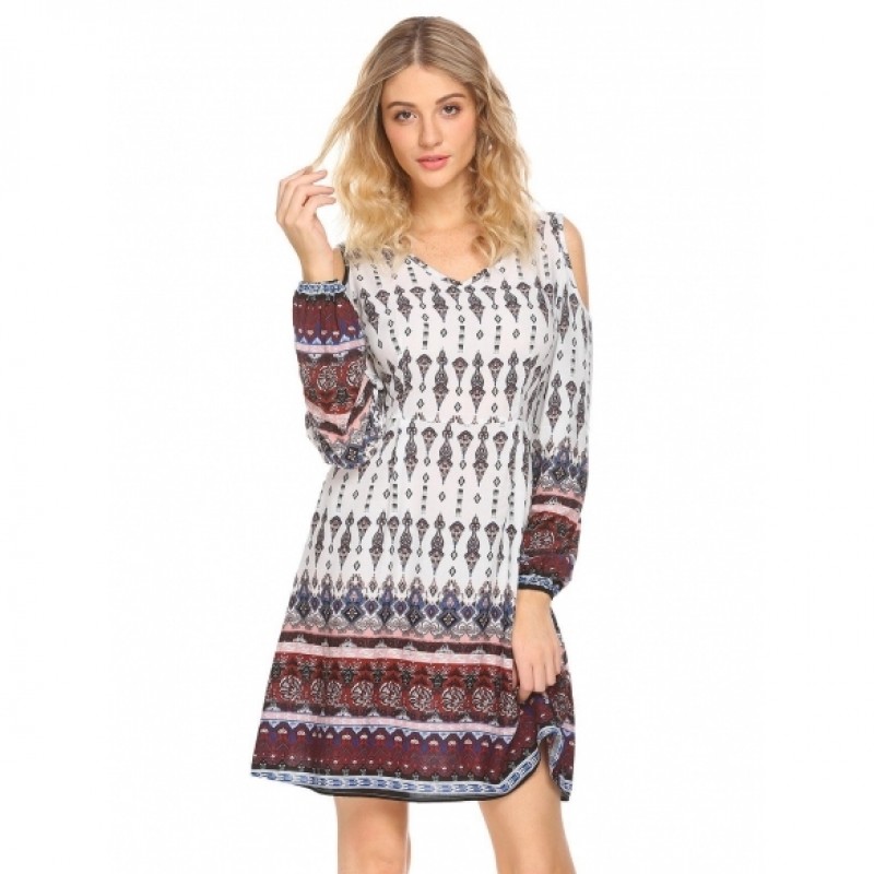 Boho V-Neck Cold Shoulder Long Sleeve Print Casual Dress