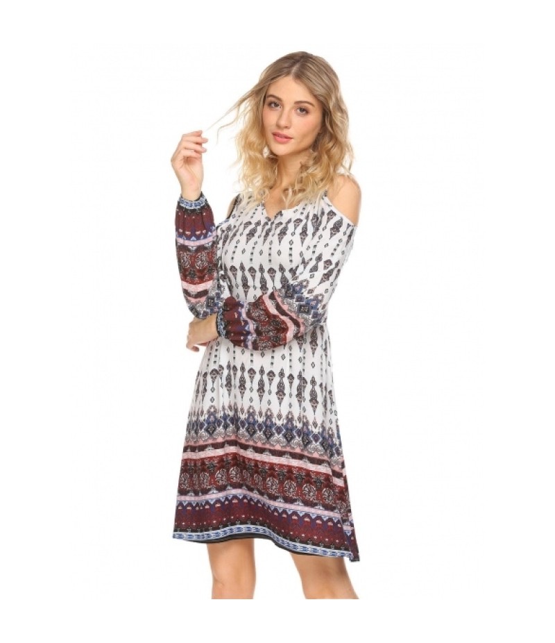 Boho V-Neck Cold Shoulder Long Sleeve Print Casual Dress