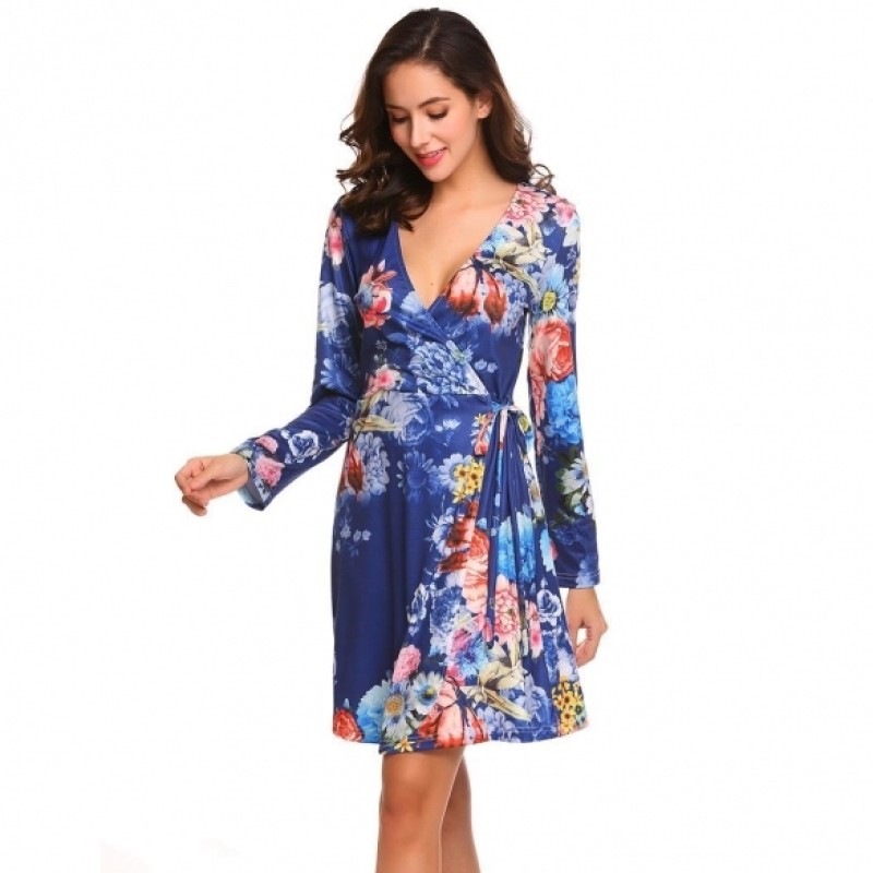 Women Surplice Wrap Split V Neck Long Sleeve Lace Up Floral Print A-Line Dress